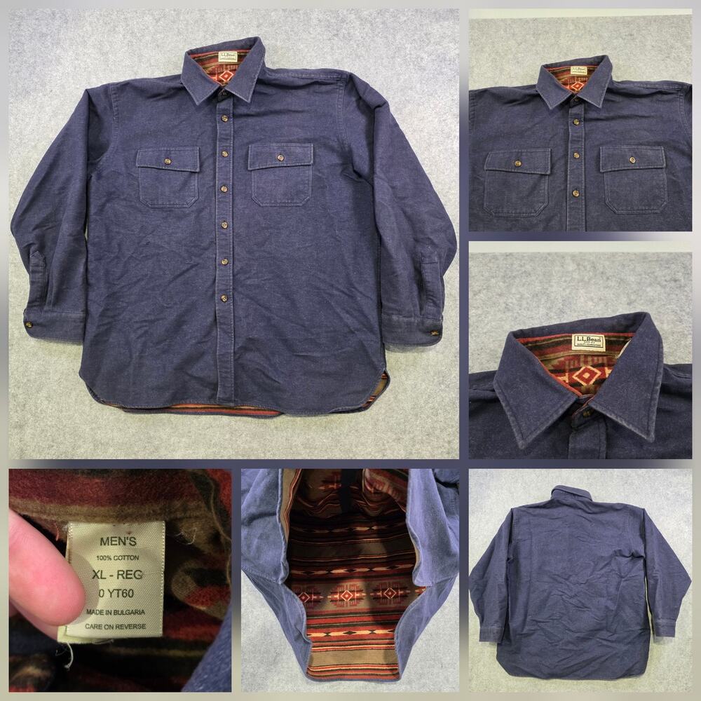 LL Bean Shirt Mens XL Blue Flannel Heavyweight Aztec Lined‎ Button Up Cotton